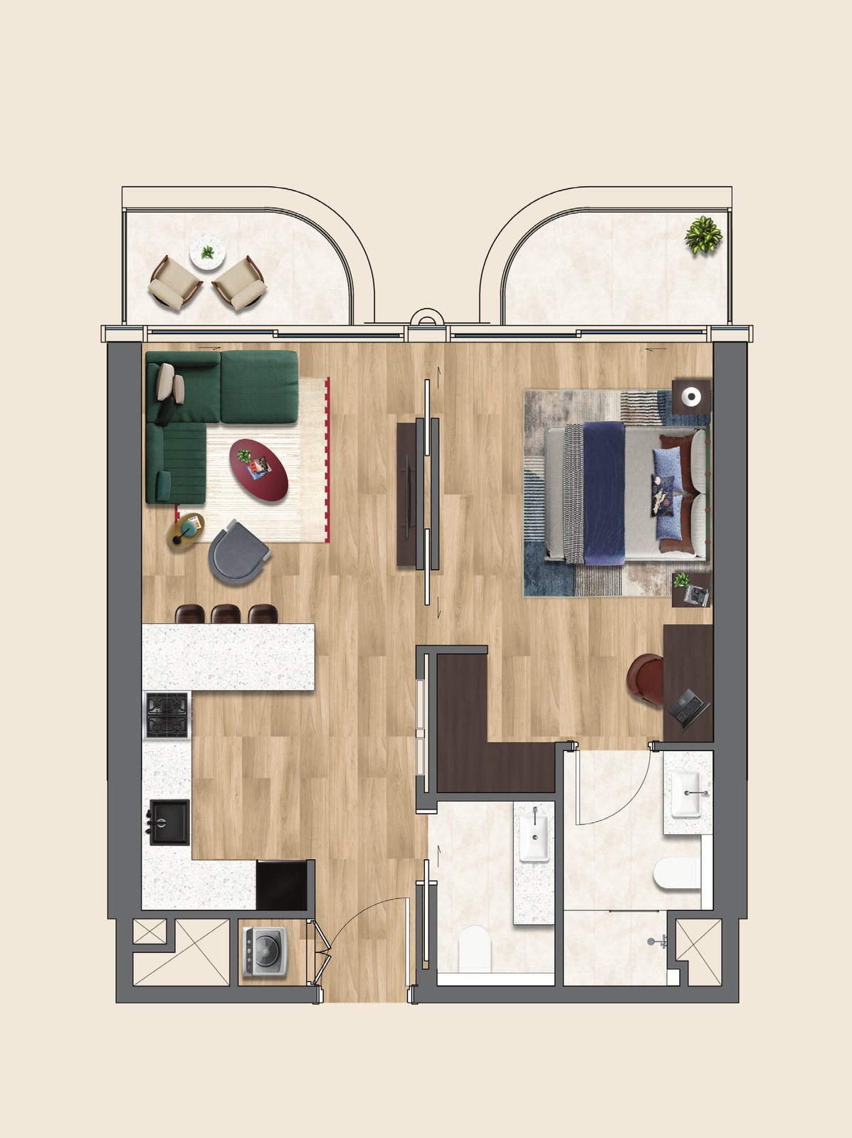 Typical one bedroom layout — illustrative