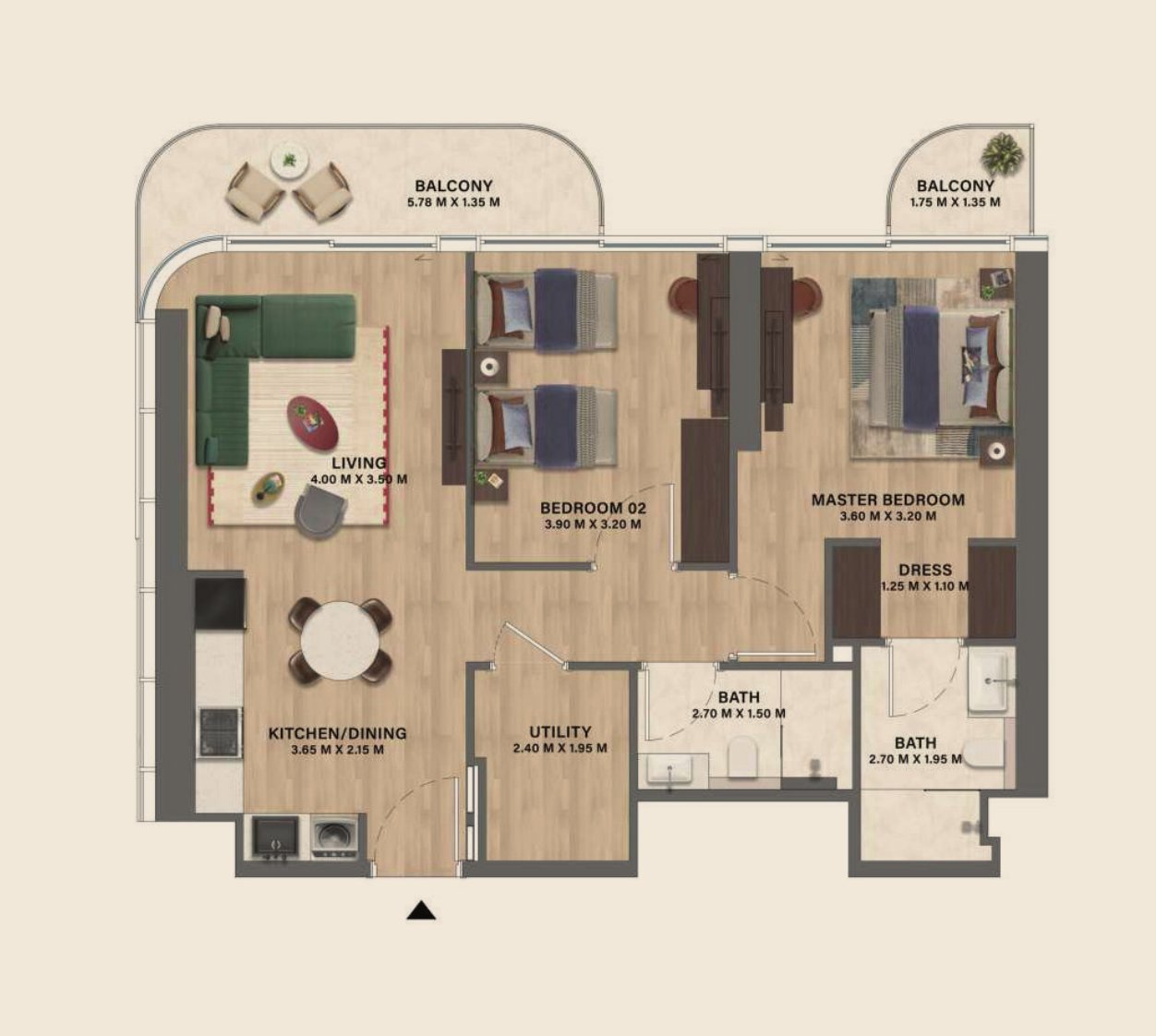 Typical two bedroom layout — illustrative