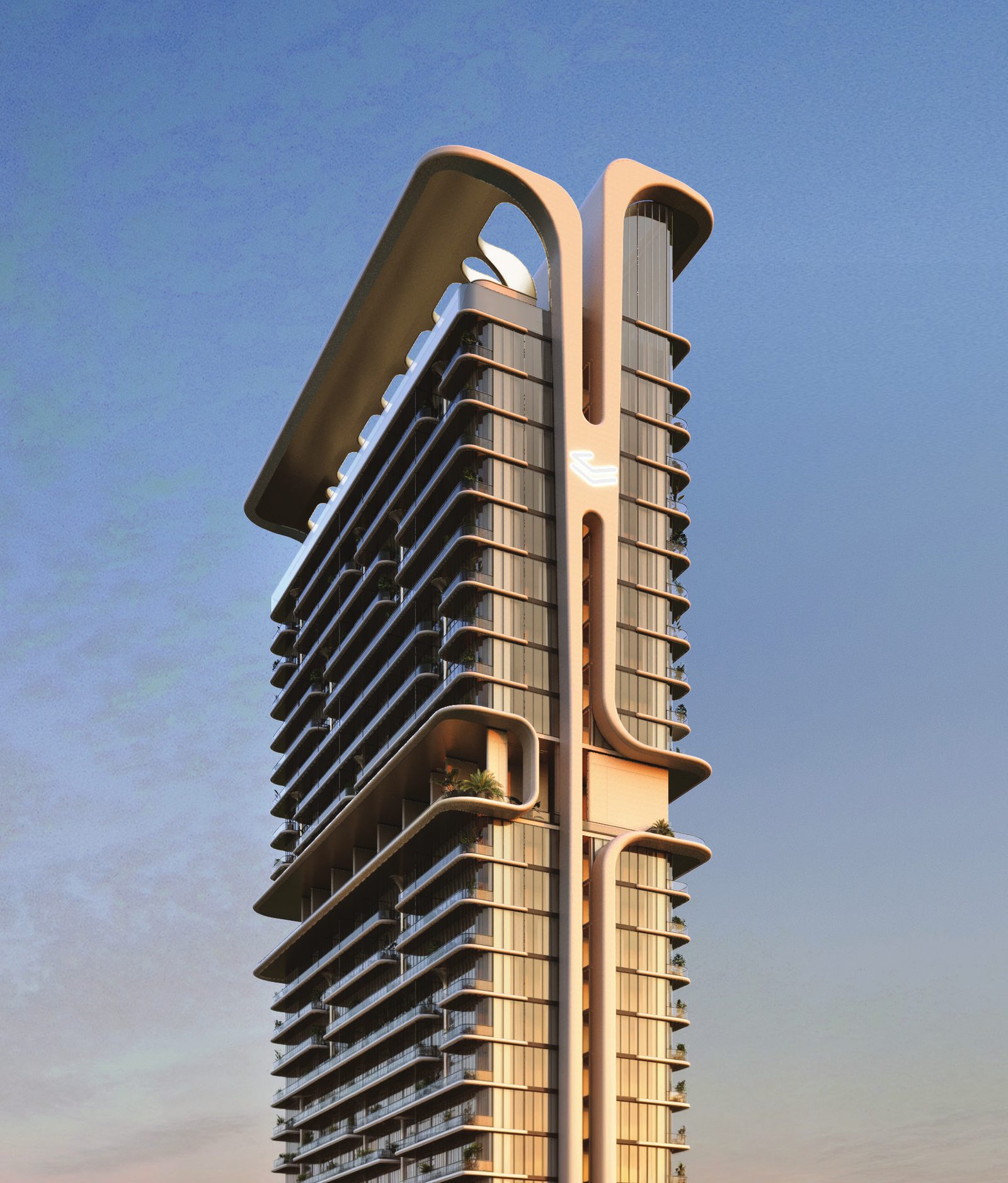The sculpted crown of the Mövenpick Residences tower against a clear sky