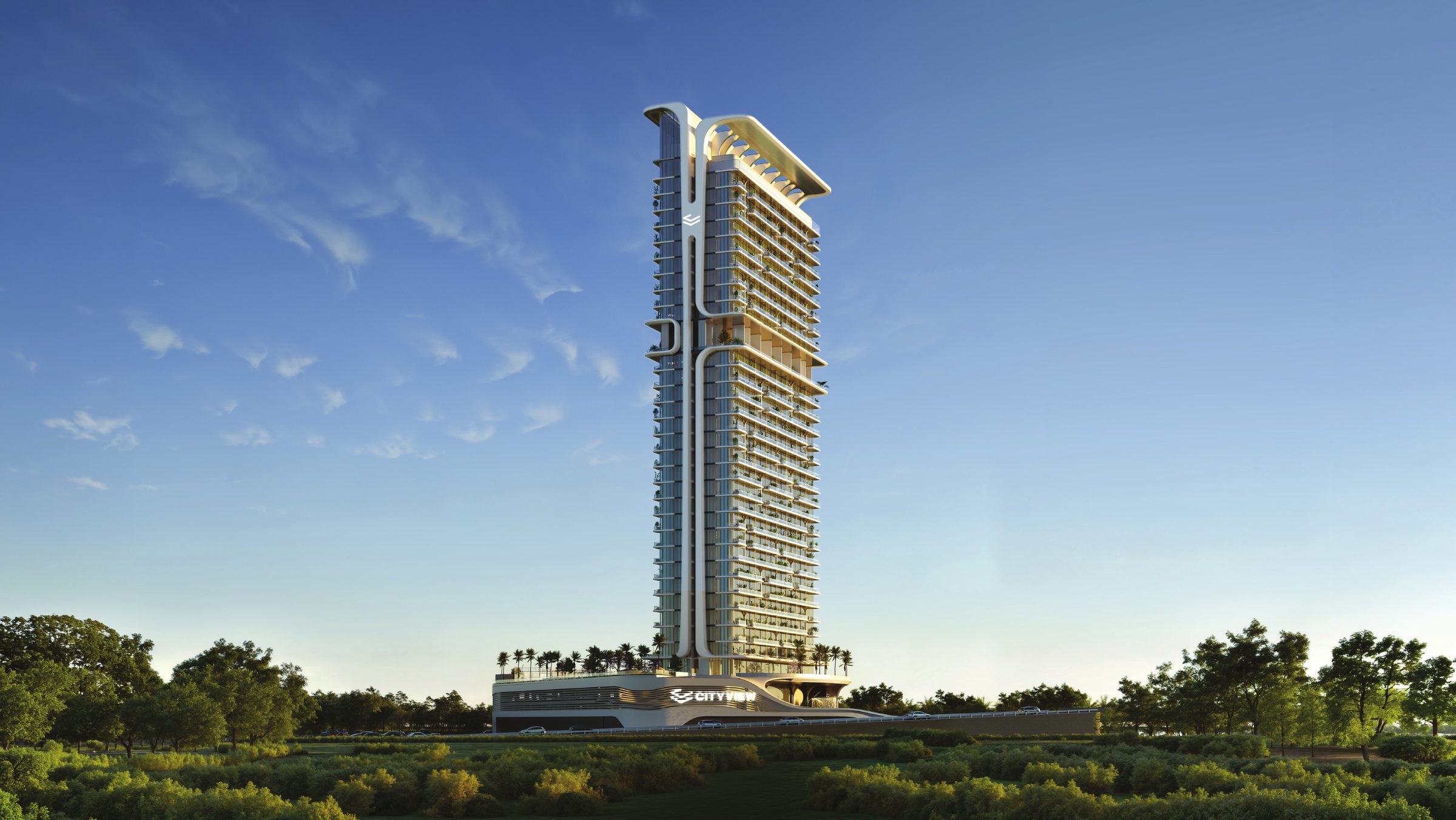 The Mövenpick Residences tower above the Motor City treeline