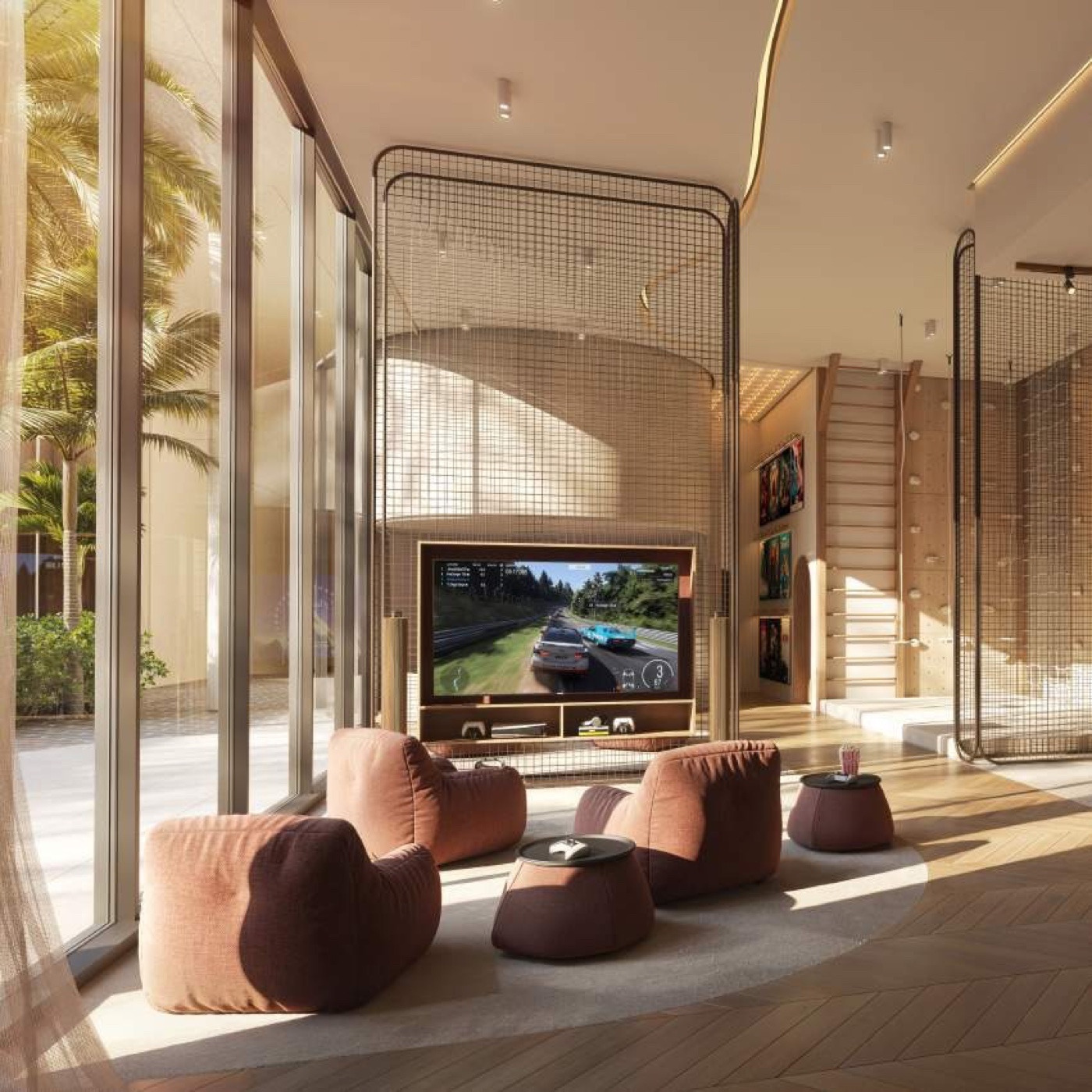 The kids' club at The Row Saadiyat — a double-height play room with soft seating and a climbing net