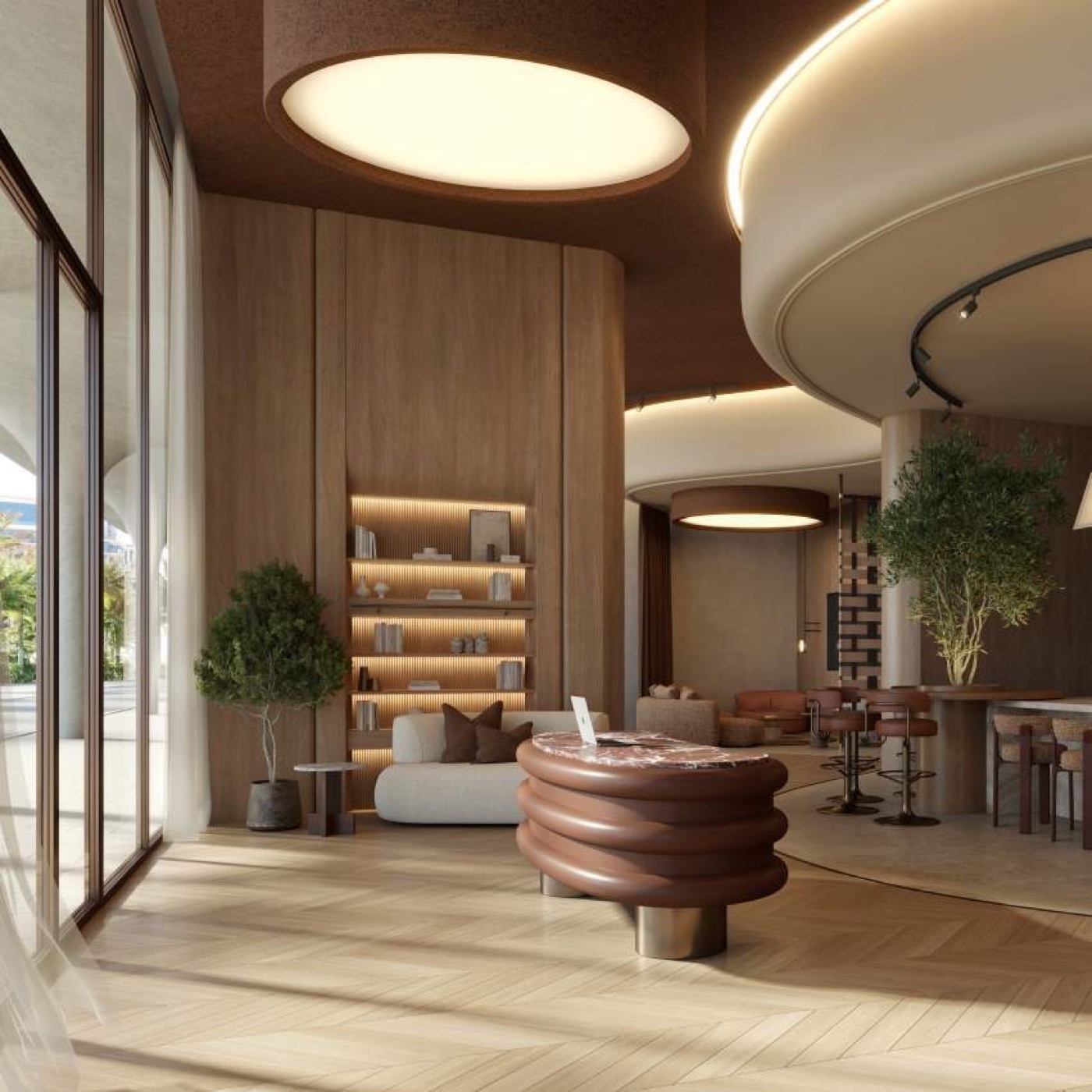 A curved-ceiling residents' lounge in timber with open shelving at The Row Saadiyat
