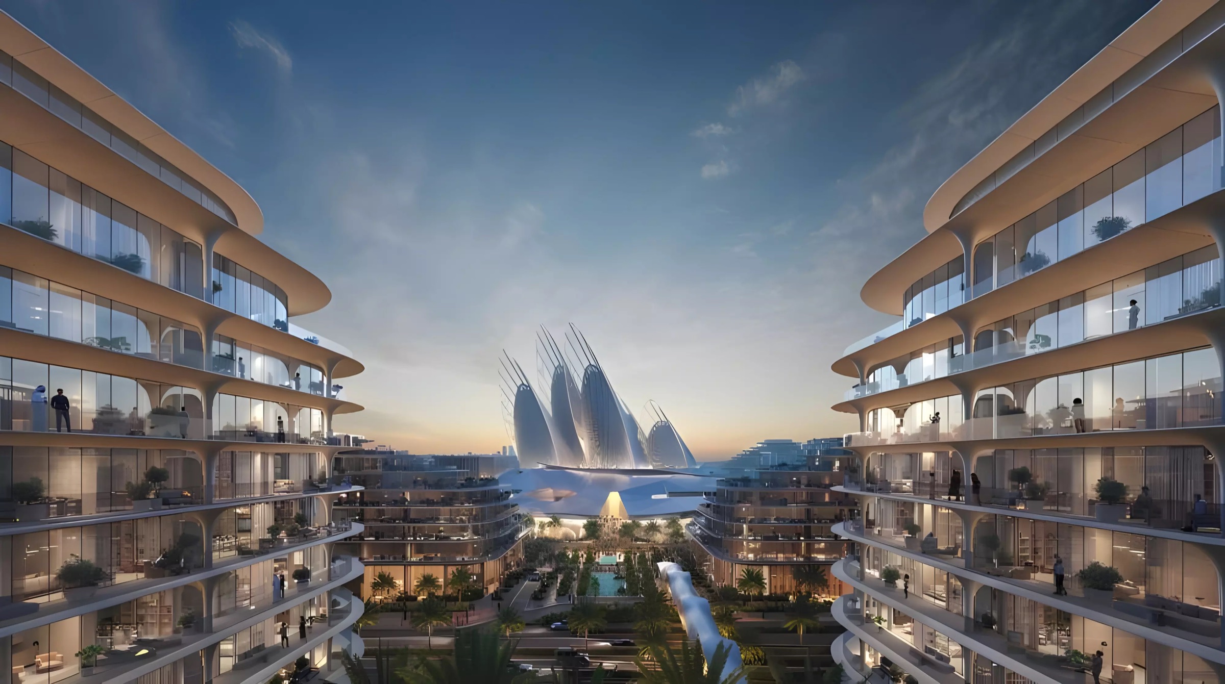 The courtyard at The Row Saadiyat at dusk, the curved balconies of two buildings framing the Zayed National Museum