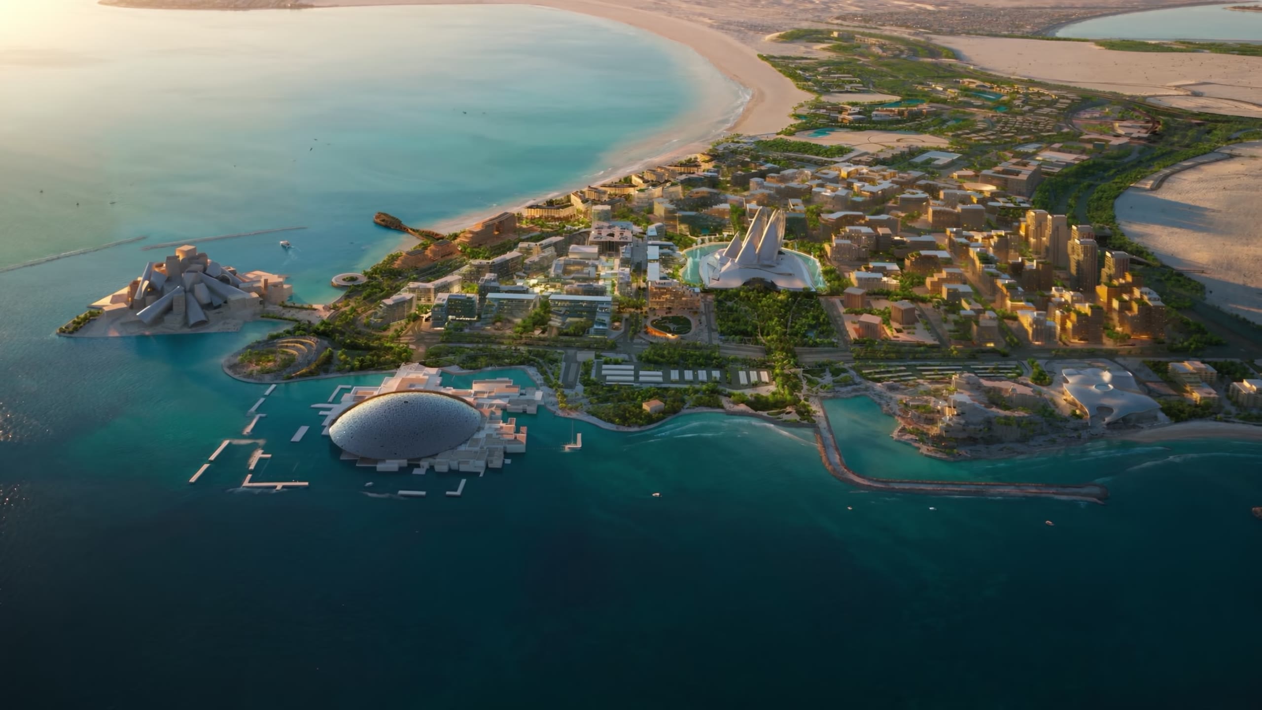 Saadiyat Island from the air — the beach and the Cultural District's museums along the coast, The Row Saadiyat among them