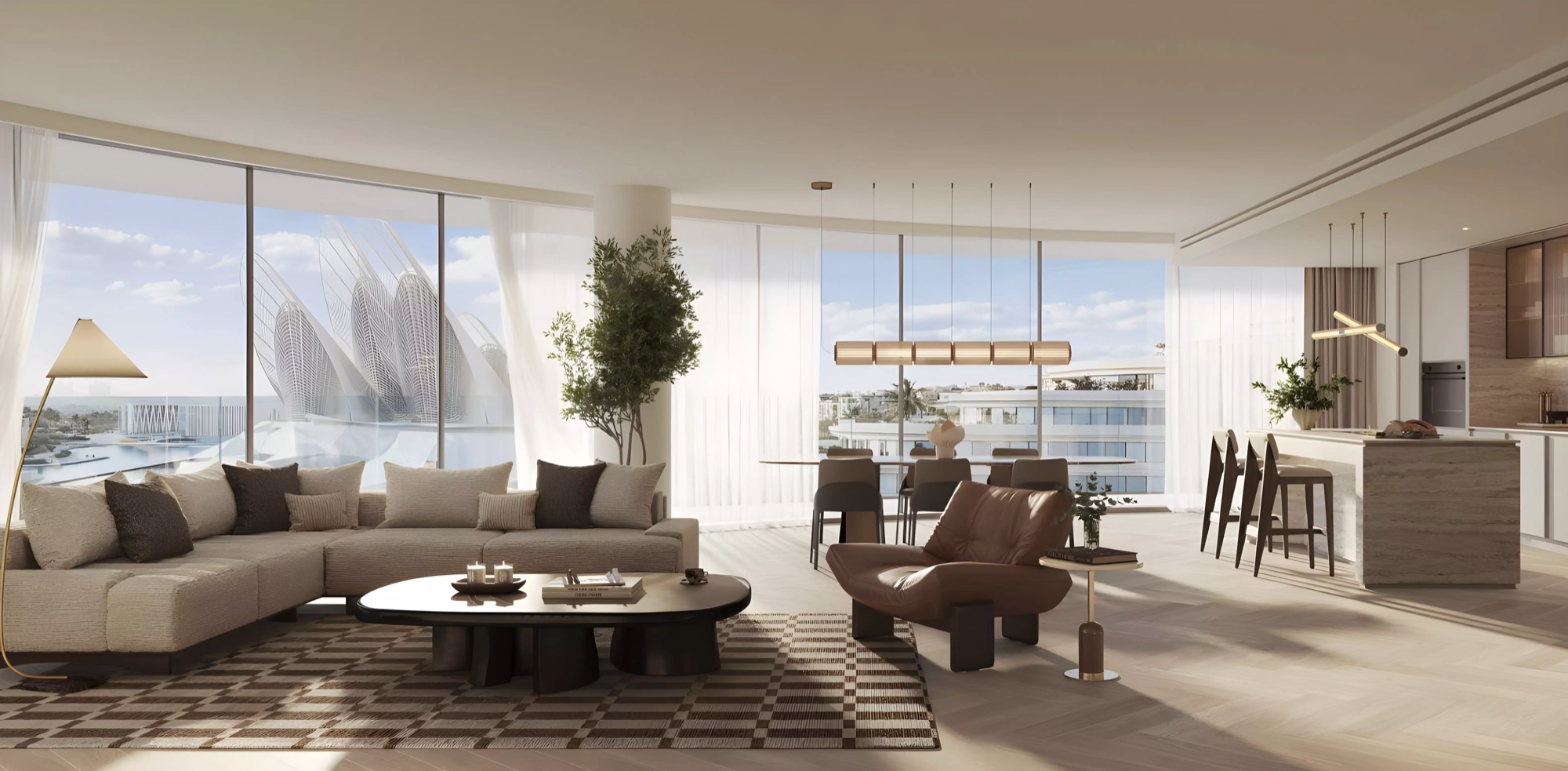 A living and dining room at The Row Saadiyat with floor-to-ceiling glass looking onto the Zayed National Museum