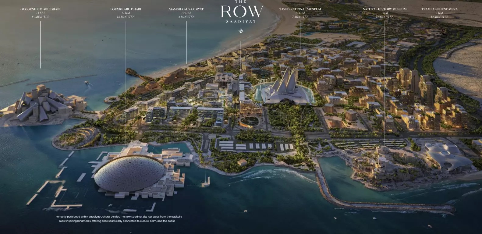 Aerial locator of Saadiyat Island showing The Row Saadiyat with its distances to the Louvre Abu Dhabi, Guggenheim Abu Dhabi, Mamsha Al Saadiyat, the Zayed National Museum, teamLab Phenomena and the Natural History Museum