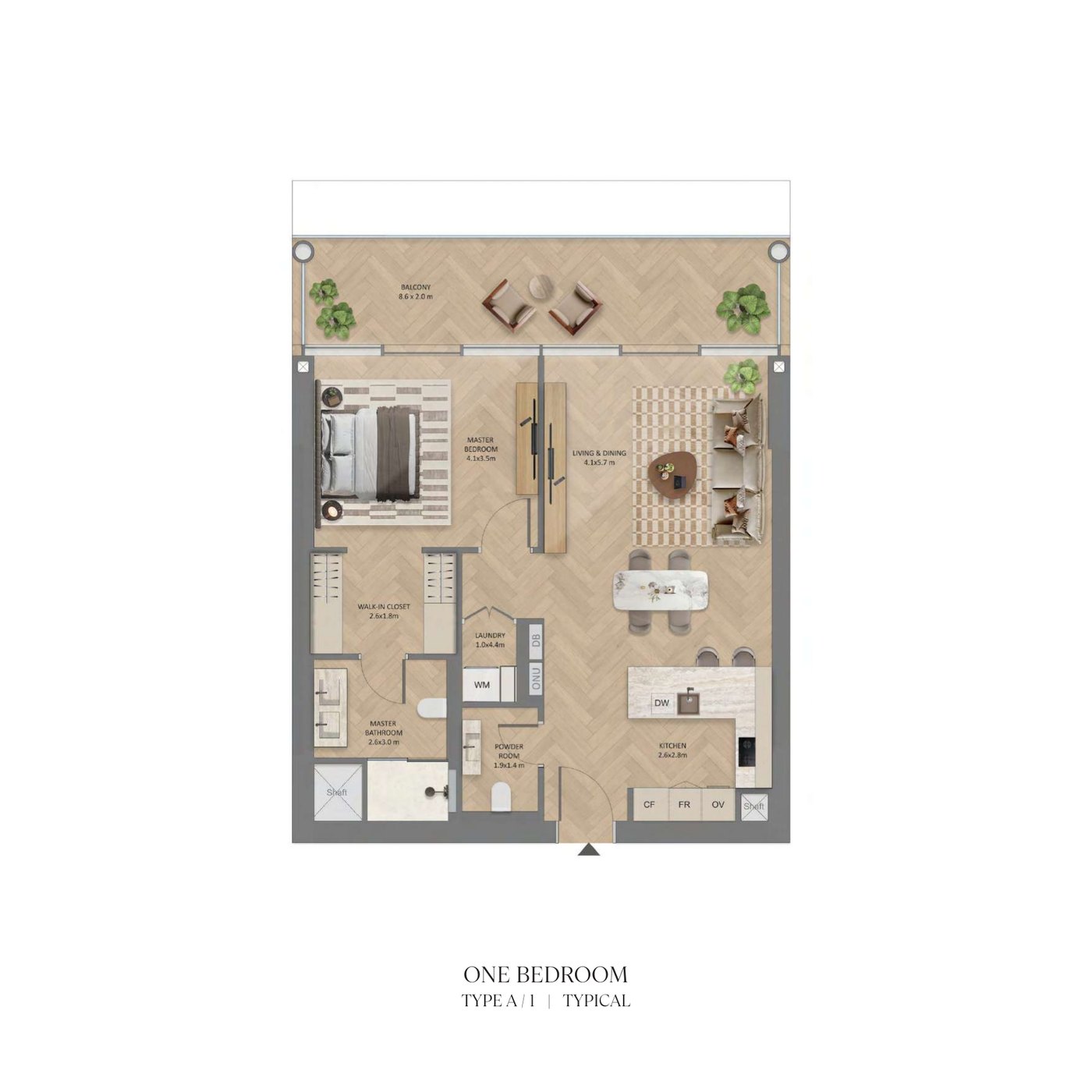 Typical one-bedroom floor plan at The Row Saadiyat