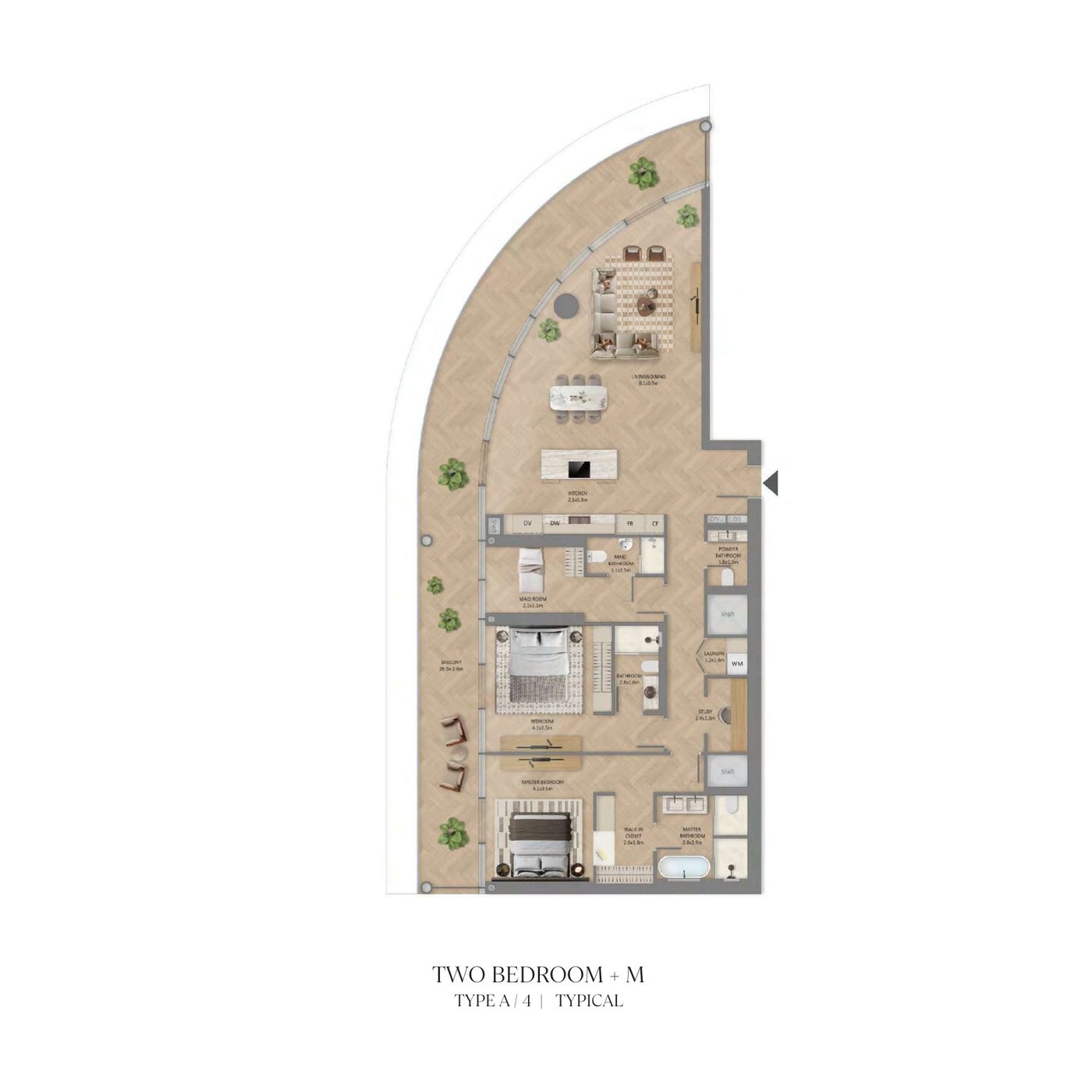 Typical two-bedroom plus maid's room floor plan at The Row Saadiyat