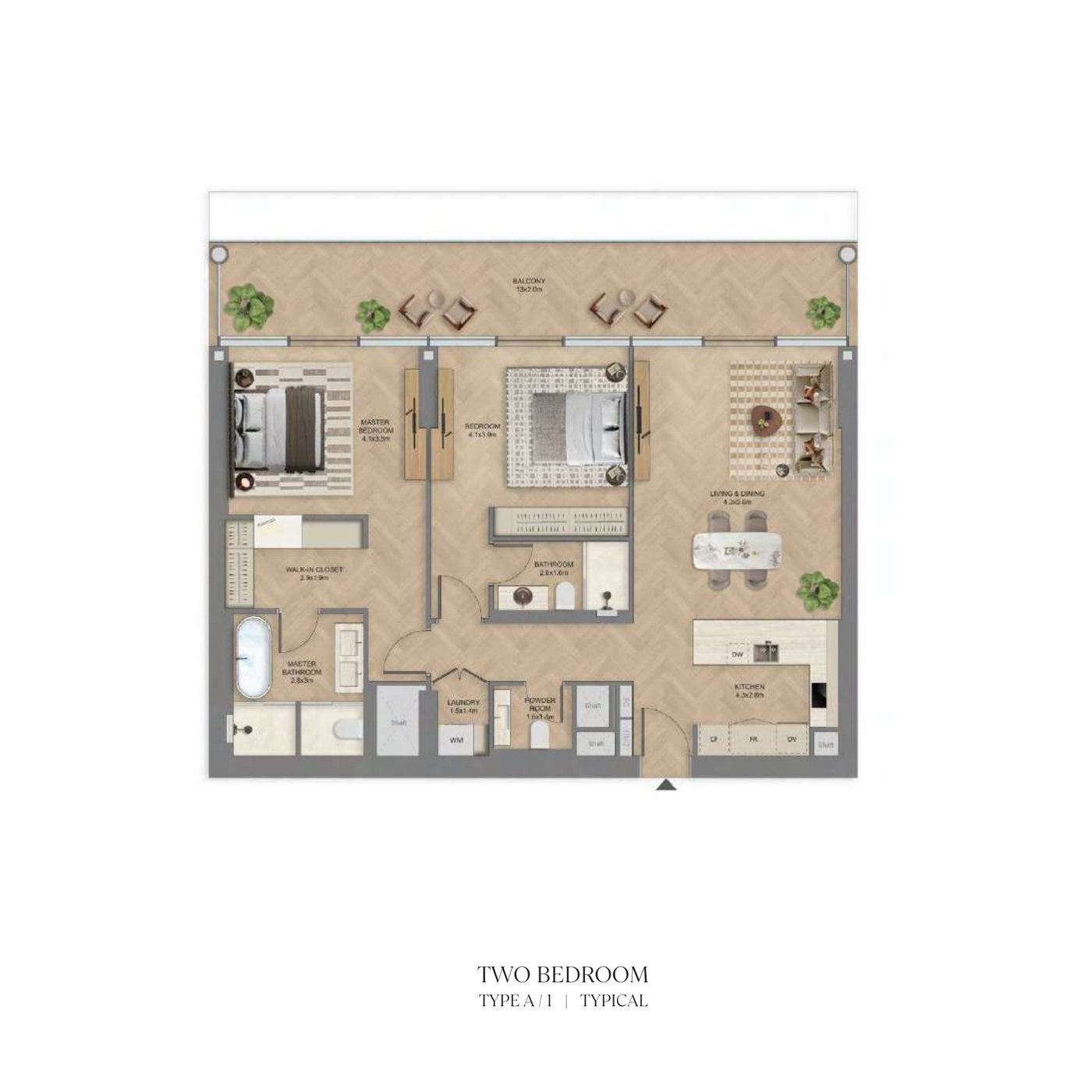 Typical two-bedroom floor plan at The Row Saadiyat