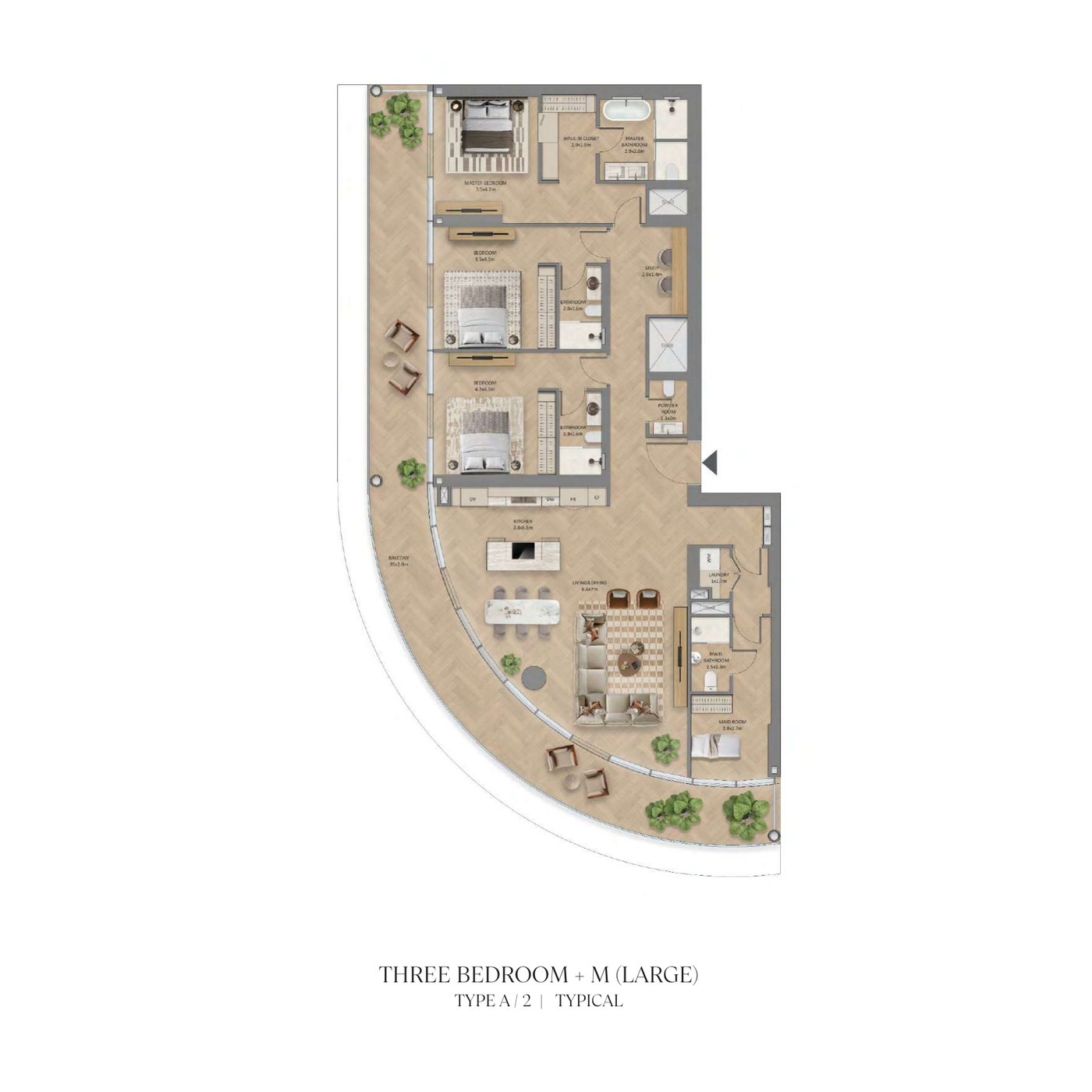 Typical three-bedroom plus maid's room floor plan at The Row Saadiyat