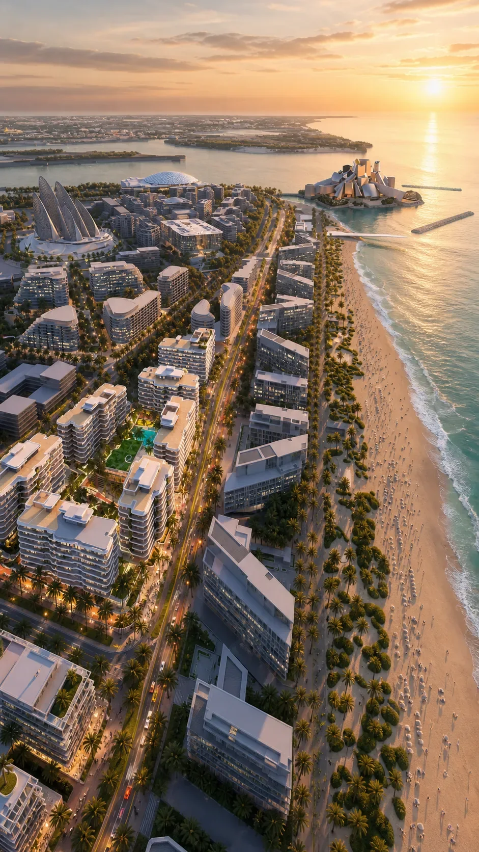 Saadiyat Island's northern beachfront at sunset — apartment communities lining the white-sand beach with the Cultural District beyond