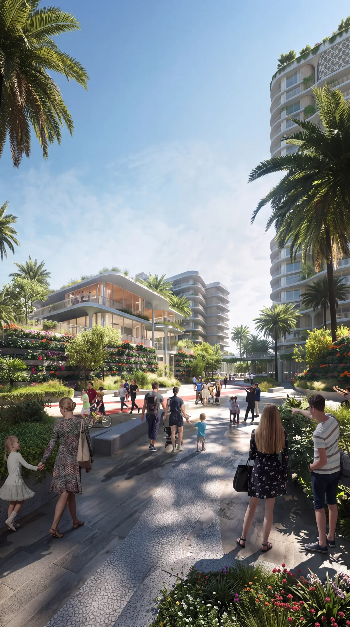 Residents walking a shaded, landscaped promenade between low-rise apartment buildings and palms on Saadiyat Island